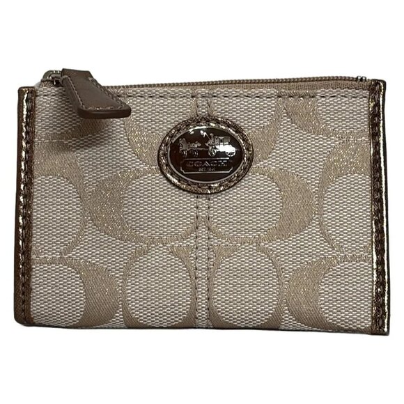 Auth COACH Signature - Beige Gold Jacquard Leather Coin Case - Picture 1 of 6